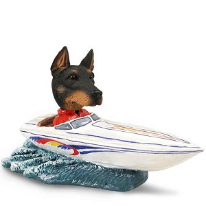 Black Doberman Pinscher Cropped Ears Motorboat Doogie Collectible Dog Figurine