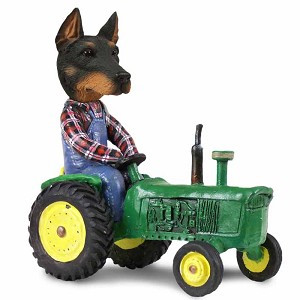 Black Doberman Pinscher Cropped Ears Tractor Doogie Collectible Dog Figurine