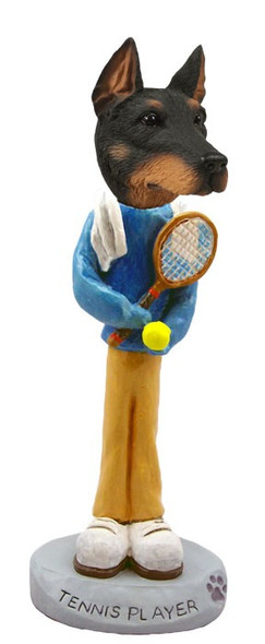 Black Doberman Pinscher Cropped Ears Tennis Player Doogie Collectible Dog Figurine