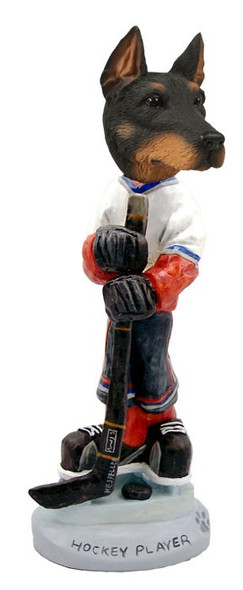 Black Doberman Pinscher Cropped Ears Hockey Player Doogie Collectible Dog Figurine