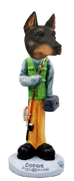 Black Doberman Pinscher Cropped Ears Fisherman Doogie Collectible Dog Figurine
