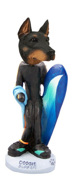 Black Doberman Pinscher Cropped Ears Surfer Doogie Collectible Dog Figurine