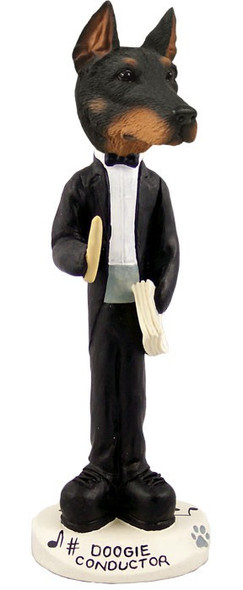 Black Doberman Pinscher Cropped Ears Conductor Doogie Collectible Dog Figurine