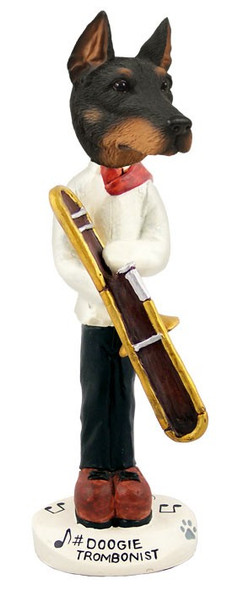 Black Doberman Pinscher Cropped Ears Trombonist Doogie Collectible Dog Figurine