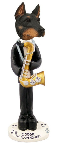 Black Doberman Pinscher Cropped Ears Saxophonist Doogie Collectible Dog Figurine