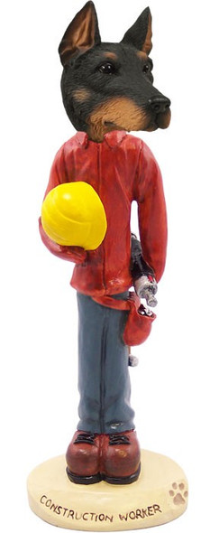 Black Doberman Pinscher Cropped Ears Construction Worker Doogie Collectible Dog Figurine