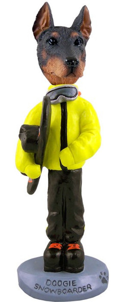 Red Doberman Pinscher Cropped Ears Snowboarder Doogie Collectible Dog Figurine