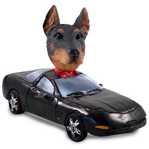 Red Doberman Pinscher Cropped Ears Sports Car Doogie Collectible Dog Figurine