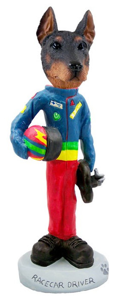 Red Doberman Pinscher Cropped Ears Racecar Driver Doogie Collectible Dog Figurine