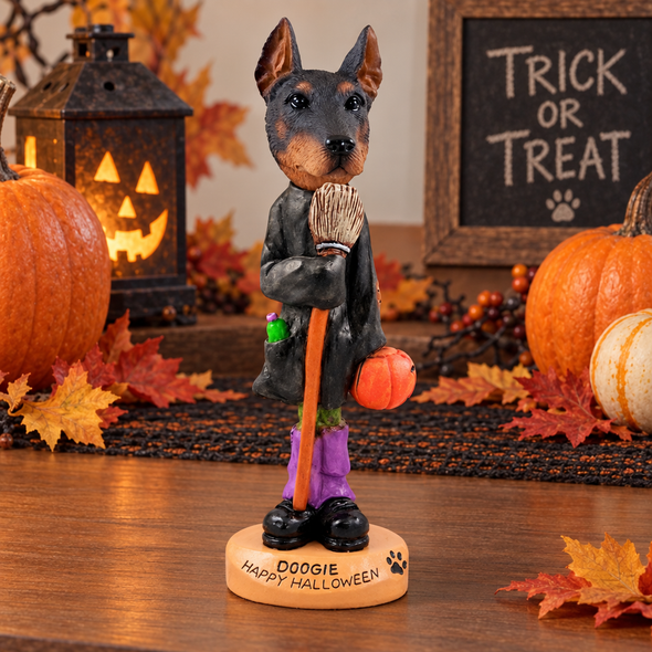 Red Doberman Pinscher Cropped Ears Happy Halloween Doogie Collectible Dog Figurine