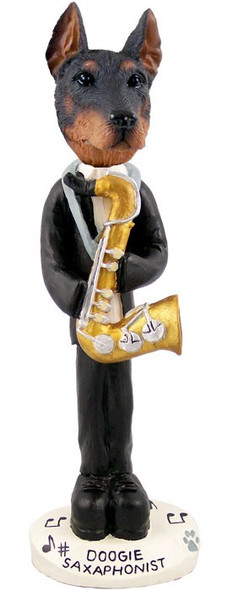 Red Doberman Pinscher Cropped Ears Saxophonist Doogie Collectible Dog Figurine