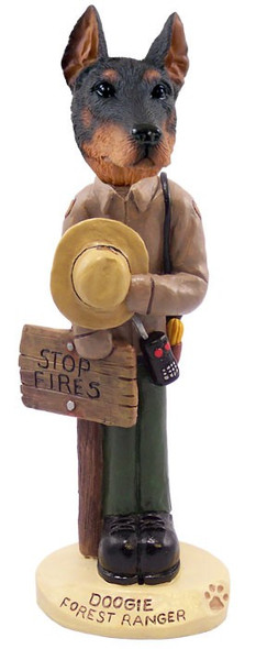 Red Doberman Pinscher Cropped Ears Forest Ranger Doogie Collectible Dog Figurine