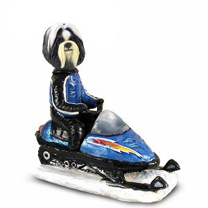 Black & White Shih Tzu Snowmobile Doogie Collectible Dog Figurine