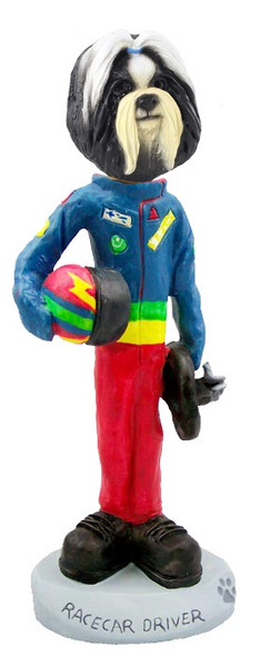 Black & White Shih Tzu Racecar Driver Doogie Collectible Dog Figurine