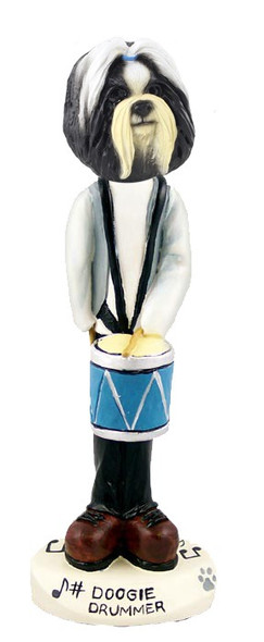 Black & White Shih Tzu Drummer Doogie Collectible Dog Figurine