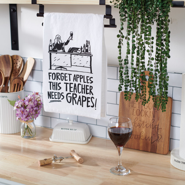 Wine Lover Teacher Cotton Kitchen Dish Towels - Forget Apples Needs Grapes 28x28 from Primitives by Kathy