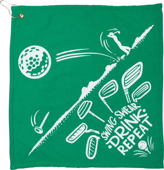 Cotton Terrycloth Golf Towel - Swing Swear Drink Repeat - Green & White 16x16 from Primitives by Kathy