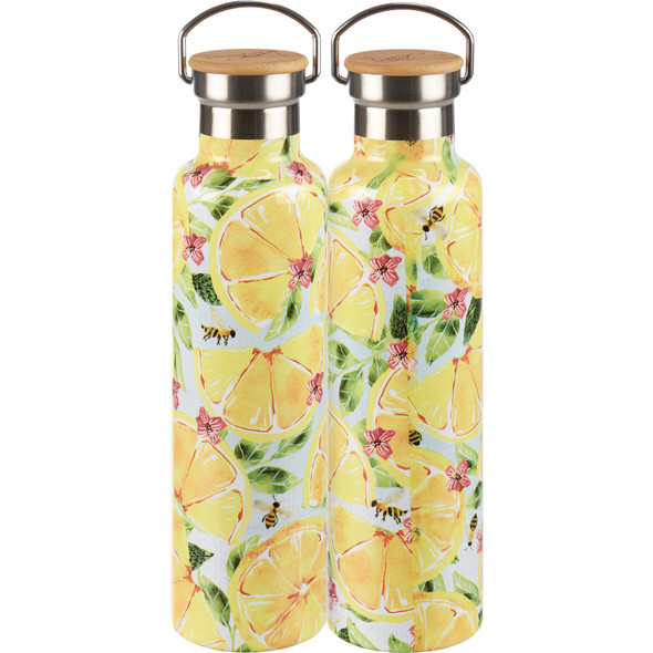 Stainless Steel Insulated Water Bottle Travel Thermos - Colorful Lemons & Bumblebee Design 25 Oz from Primitives by Kathy