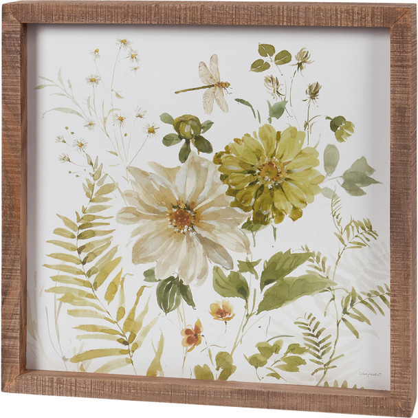 Decorative Inset Wooden Box Sign Wall Decor - Green Florals & Dragonfly 12x12 from Primitives by Kathy