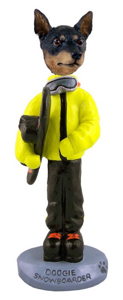 Tan & Black Miniature Pinscher Snowboarder Doogie Collectible Dog Figurine