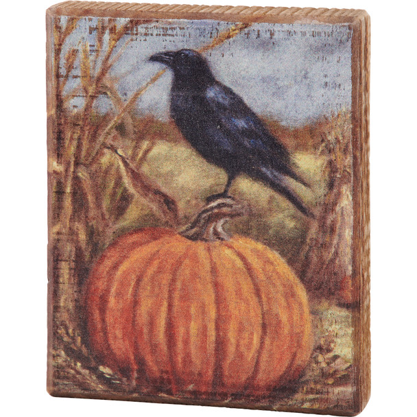 Raven Bird On A Pumpkin In Wheat Field - Decorative Wooden Block Sign Decor 4x5 from Primitives by Kathy