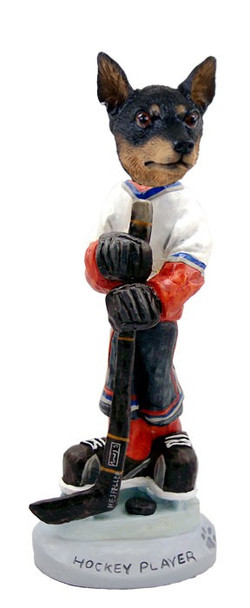 Tan & Black Miniature Pinscher Hockey Player Doogie Collectible Dog Figurine