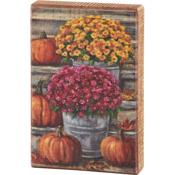 Colorful Mums Flowers With Pumpkins & Autumn Leaves - Decorative Wooden Block Sign 4x6 from Primitives by Kathy