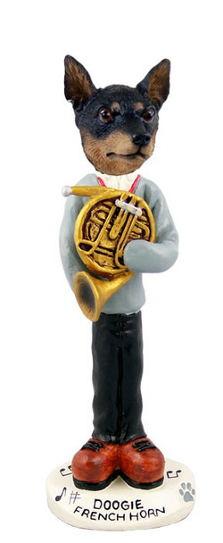 Tan & Black Miniature Pinscher French Horn Doogie Collectible Dog Figurine