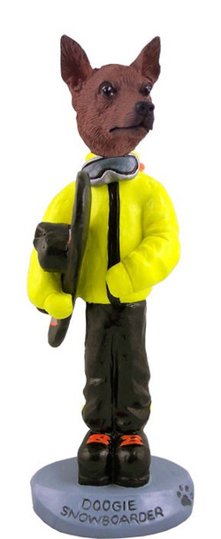 Red & Brown Miniature Pinscher Snowboarder Doogie Collectible Dog Figurine
