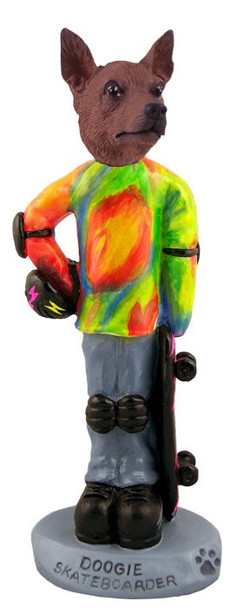Red & Brown Miniature Pinscher Skateboarder Doogie Collectible Dog Figurine