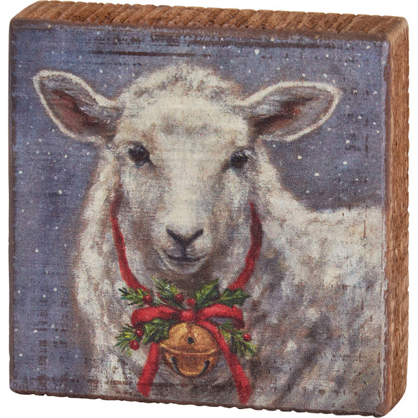 Decorative Wooden Block Sign - Farmhouse Sheep With Bell & Holly Berry 4x4 from Primitives by Kathy