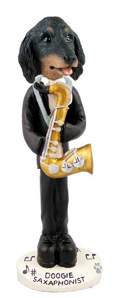 Longhaired Black Dachshund Saxophonist Doogie Collectible Dog Figurine