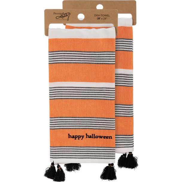 Striped Cotton Kitchen Dish Towel With Tassels - Happy Halloween 20x28 from Primitives by Kathy