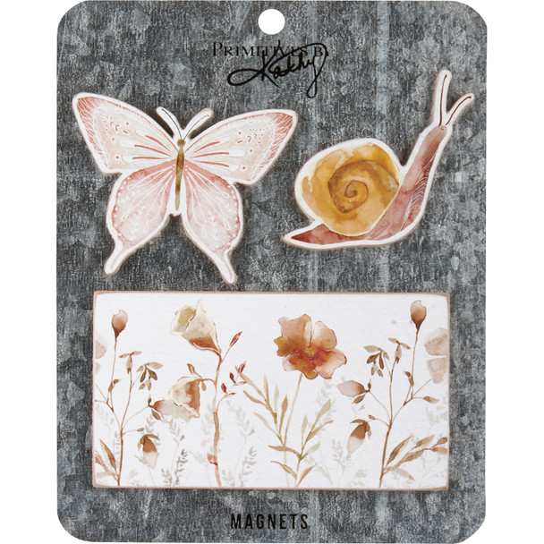 Wildflowers Snail & Butterfly - Set of 3 Wooden Refrigerator Magnets - Cottage Collection from Primitives by Kathy