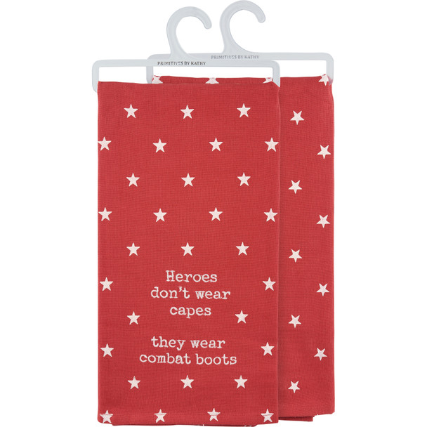Patriotic Red With White Stars Kitchen Dish Towel - Heroes Don't Wear Capes - They Wear Combat Boots 20x26 from Primitives by Kathy
