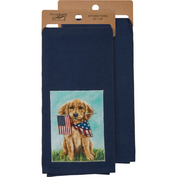 Patriotic Kitchen Dish Towel - Golden Puppy Dog Holding American Flag 20x28 from Primitives by Kathy