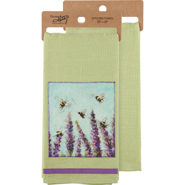 Cotton Kitchen Dish Towel - Lavender Flowers & Bumblebees Design 20x28 from Primitives by Kathy