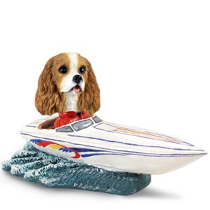 Brown & White Cavalier King Charles Spaniel Motorboat Doogie Collectible Dog Figurine