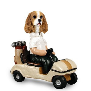 Brown & White Cavalier King Charles Spaniel Golf Cart Doogie Collectible Dog Figurine