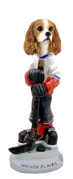Brown & White Cavalier King Charles Spaniel Hockey Player Doogie Collectible Dog Figurine
