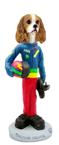 Brown & White Cavalier King Charles Spaniel Racecar Driver Doogie Collectible Dog Figurine