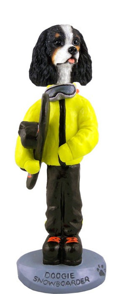 Black & White Cavalier King Charles Spaniel Snowboarder Doogie Collectible Dog Figurine