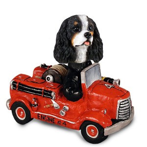 Black & White Cavalier King Charles Spaniel Fire Engine Doogie Collectible Dog Figurine