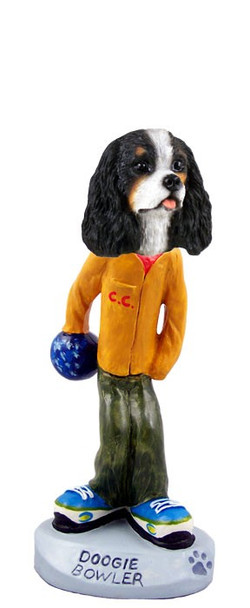 Black & White Cavalier King Charles Spaniel Bowler Doogie Collectible Dog Figurine