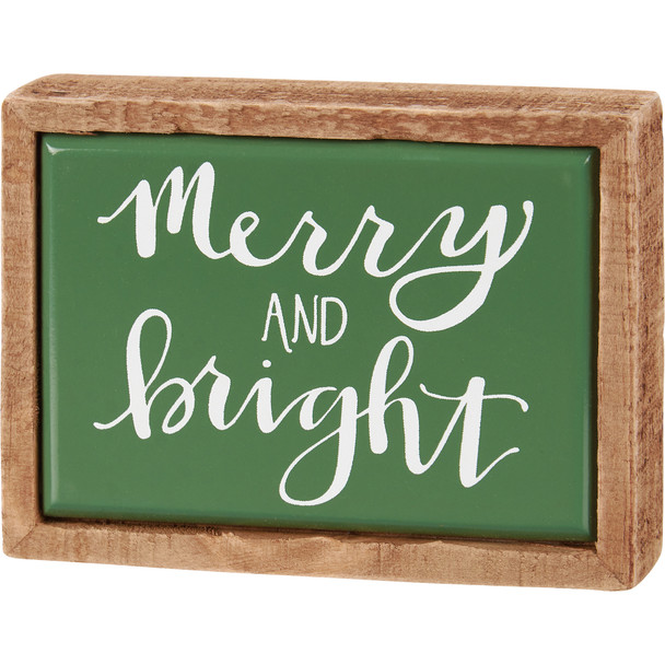 Merry And Bright Decorative Wooden Box Sign - Green & White Hand Illustrated Design 4x3 from Primitives by Kathy