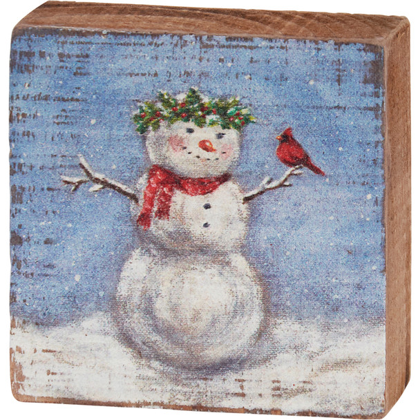 Decorative Wooden Block Sign - Snowman Woman With Red Cardinal & Hollyberry Wreath 3x3 from Primitives by Kathy