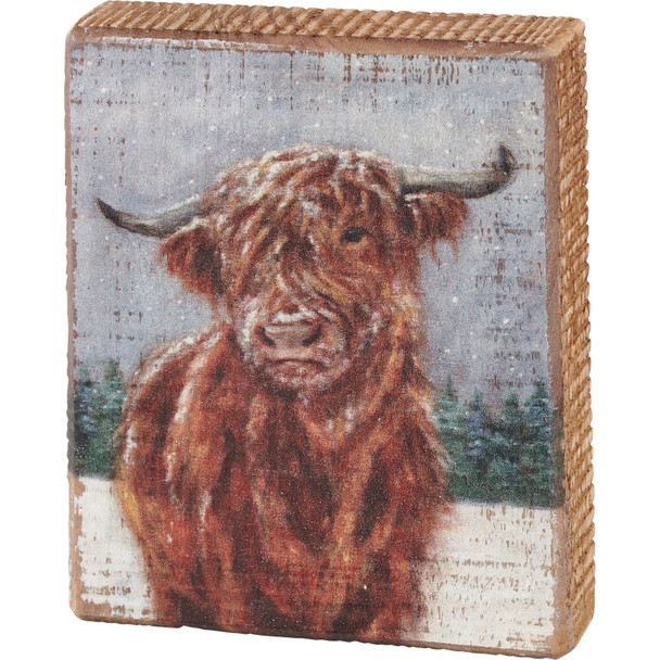 Decorative Wooden Block Sign - Snowy Highland Cow 4x5 from Primitives by Kathy