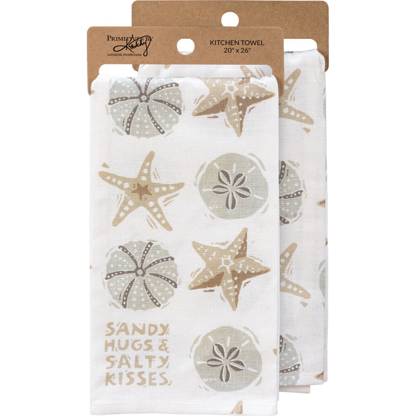 Cotton Linen Kitchen Dish Towel - Seashell Print Design Sandy Hugs Salty Kisses 20x26 from Primitives by Kathy