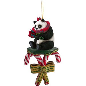 Panda with Candy Canes Christmas Ornament – Hand-Painted Stone Resin