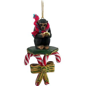 Chimpanzee with Candy Canes Christmas Ornament – Hand-Painted Stone Resin